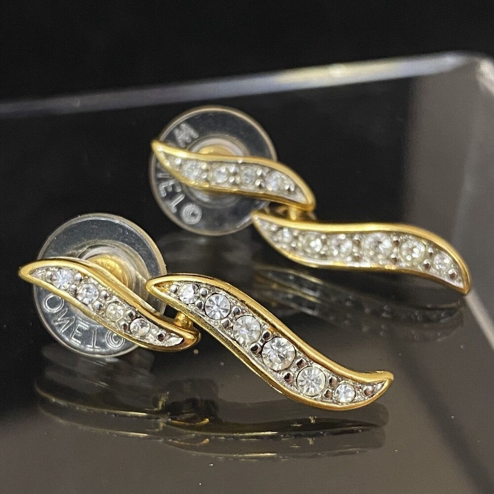 Monet Gold & White Rhinestone Feather Leaf Dangle Post Earrings - Picture 3 of 10